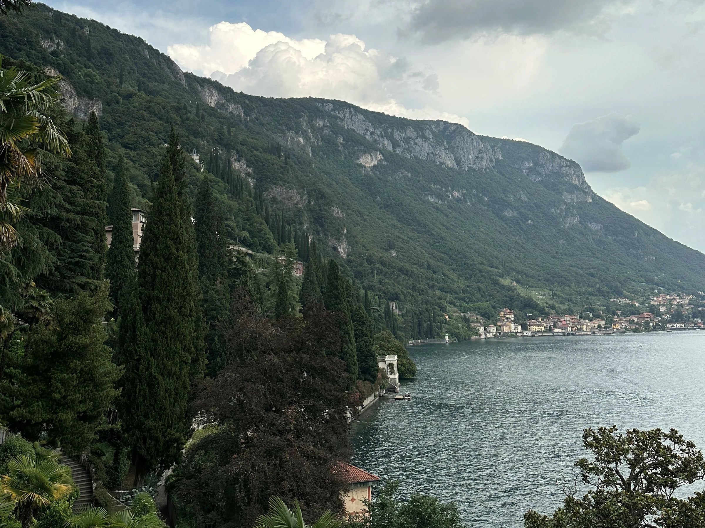 Cypresses and a lakeside village on Lake Como